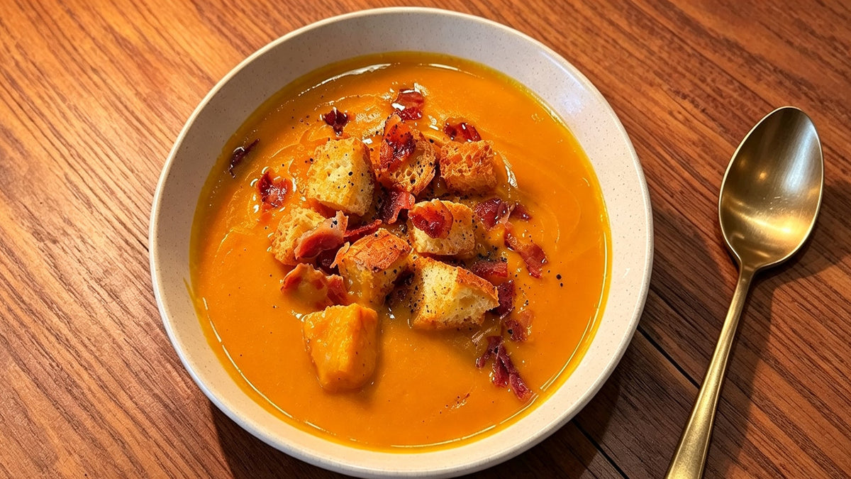 Bowl of coconut squash soup made in the JESE Heated Pro, topped with croutons and crispy bacon