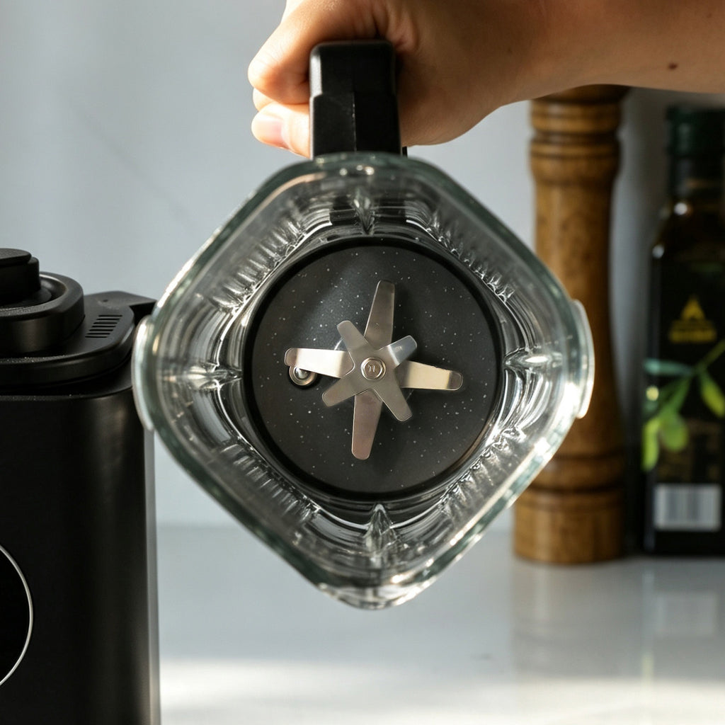 Close-up view of the JESE Heated Blender’s 8-blade stainless steel cutting system. The durable blade design helps create smooth and consistent textures for soups, smoothies, sauces, and purees.