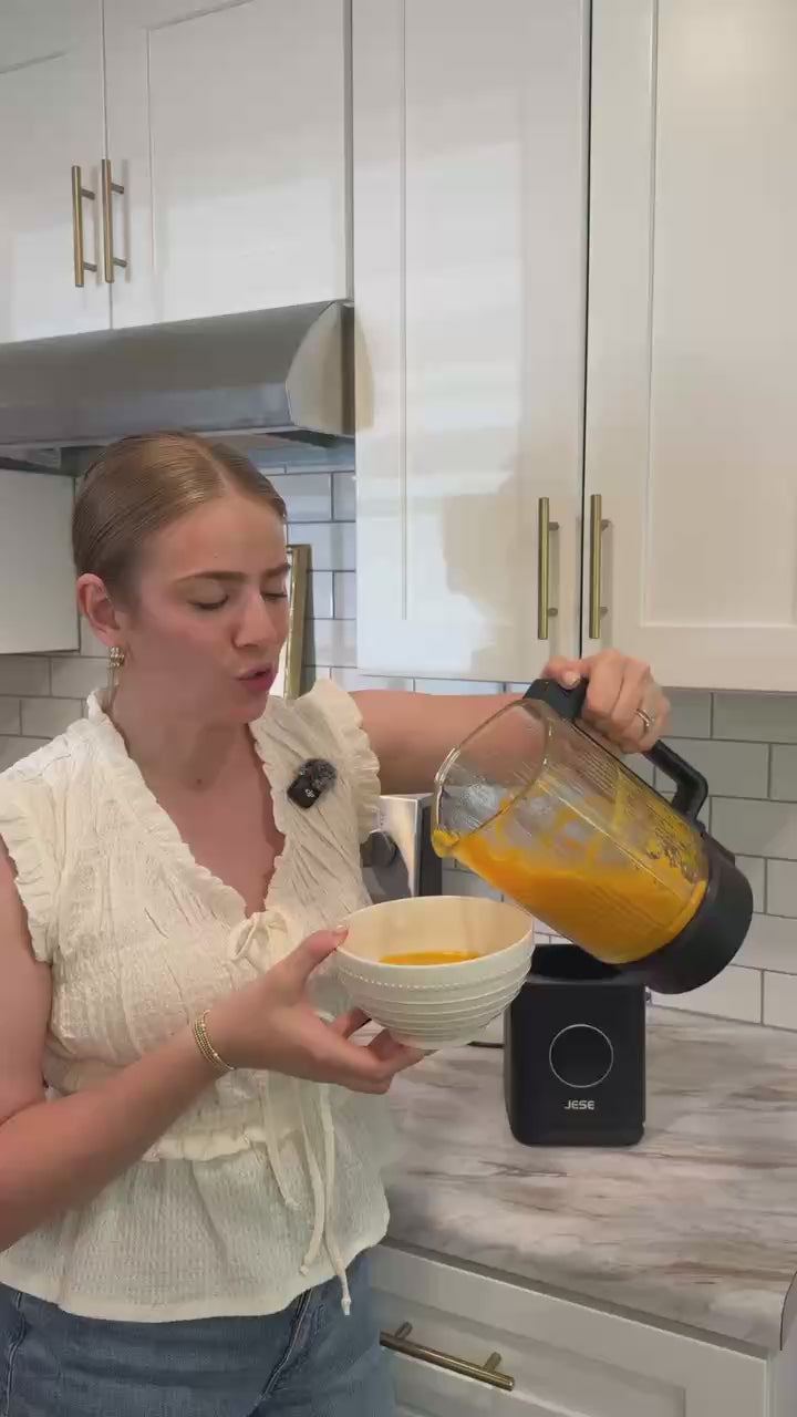 Explore the JESE Heated Blender through this unboxing video. See the 48 Oz glass jar, tamper tool, cleaning brush, power cord, and included accessories. The 2-in-1 Heated Blender combines heating and blending functions to create homemade soups, smoothies, sauces, purees, and more.